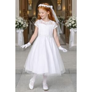NEW Girls First Holy Communion Dress Size 7- Lace Bodice Tulle Skirt Tea-length